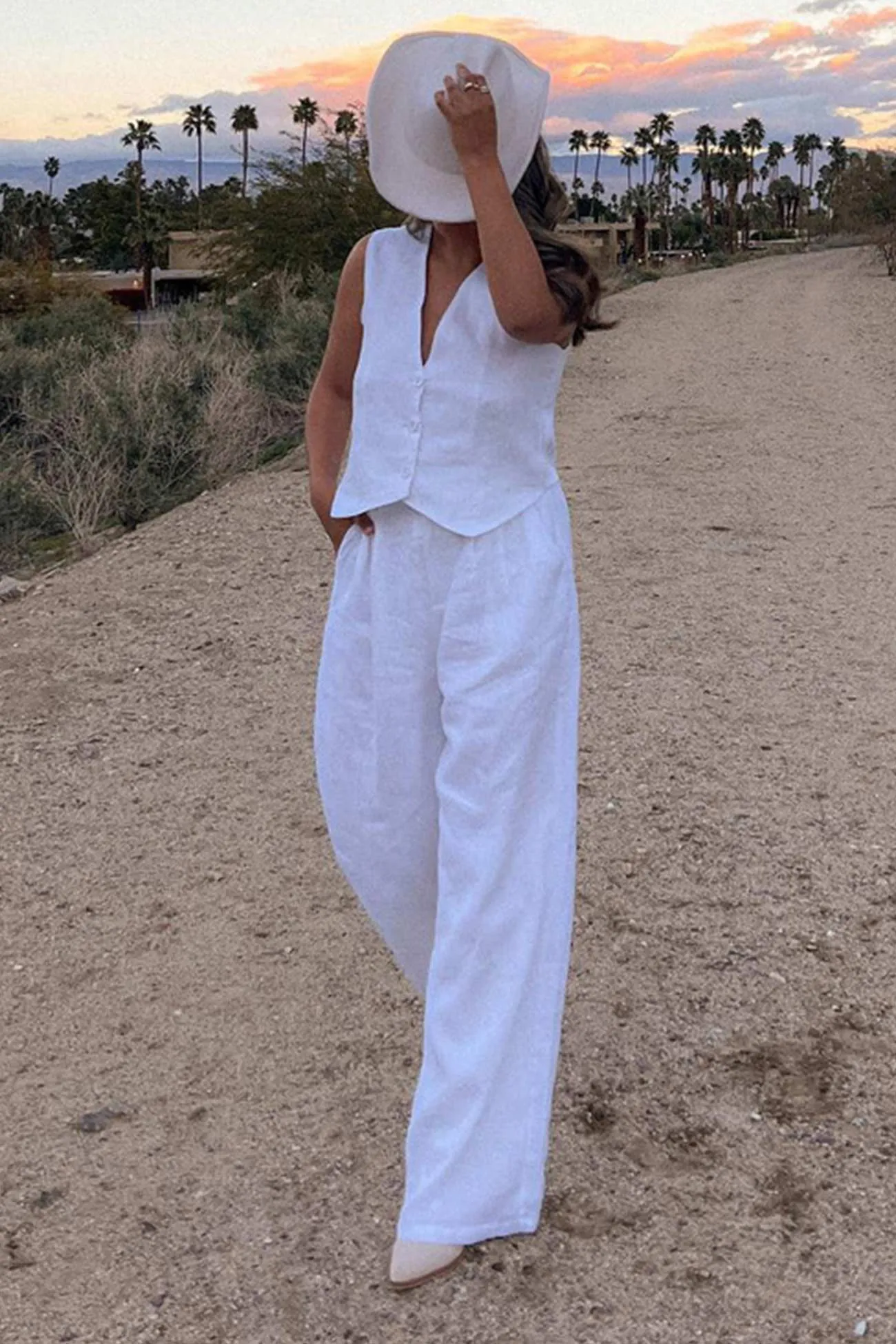 White Button Down Tank Top Long Pants Set