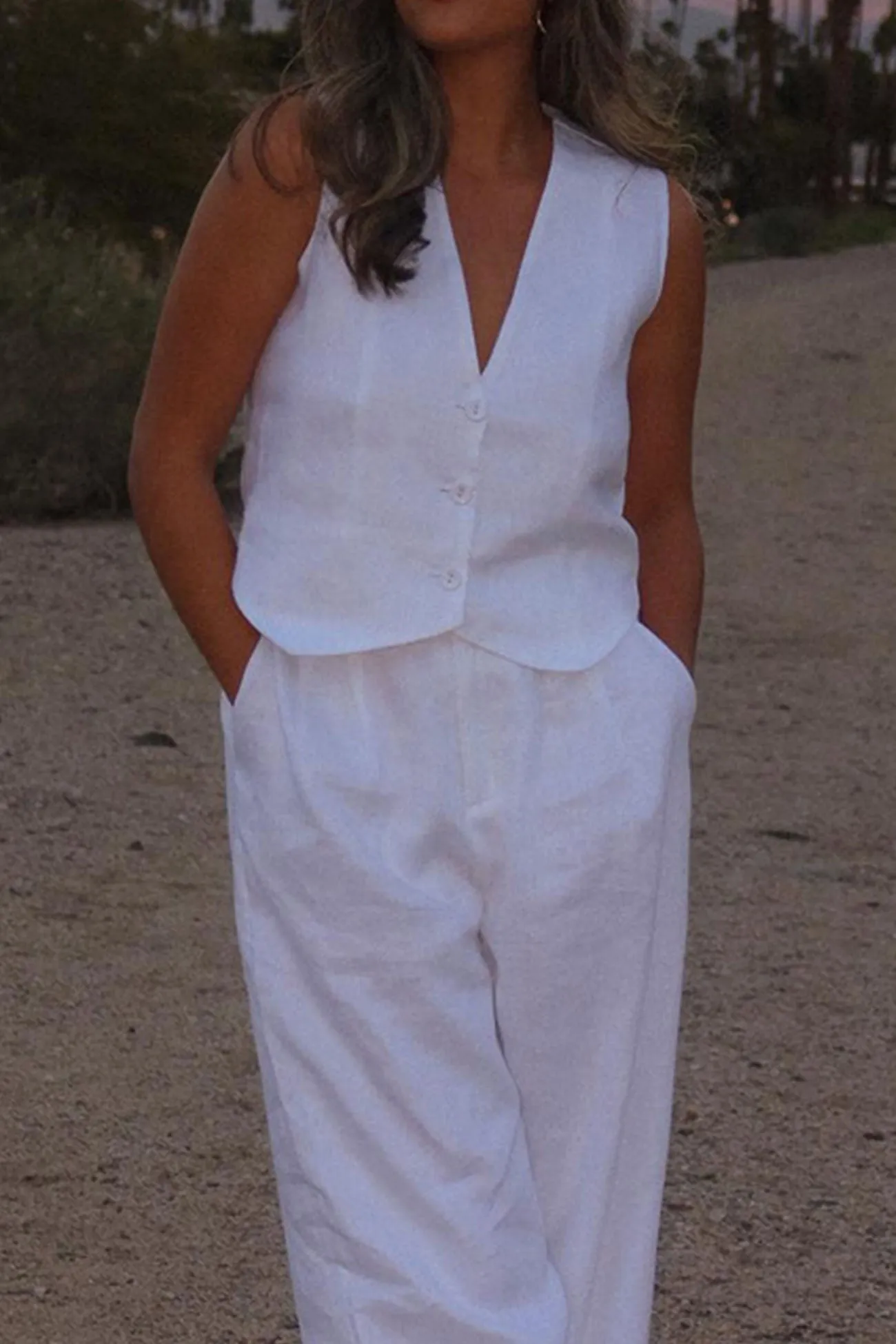 White Button Down Tank Top Long Pants Set