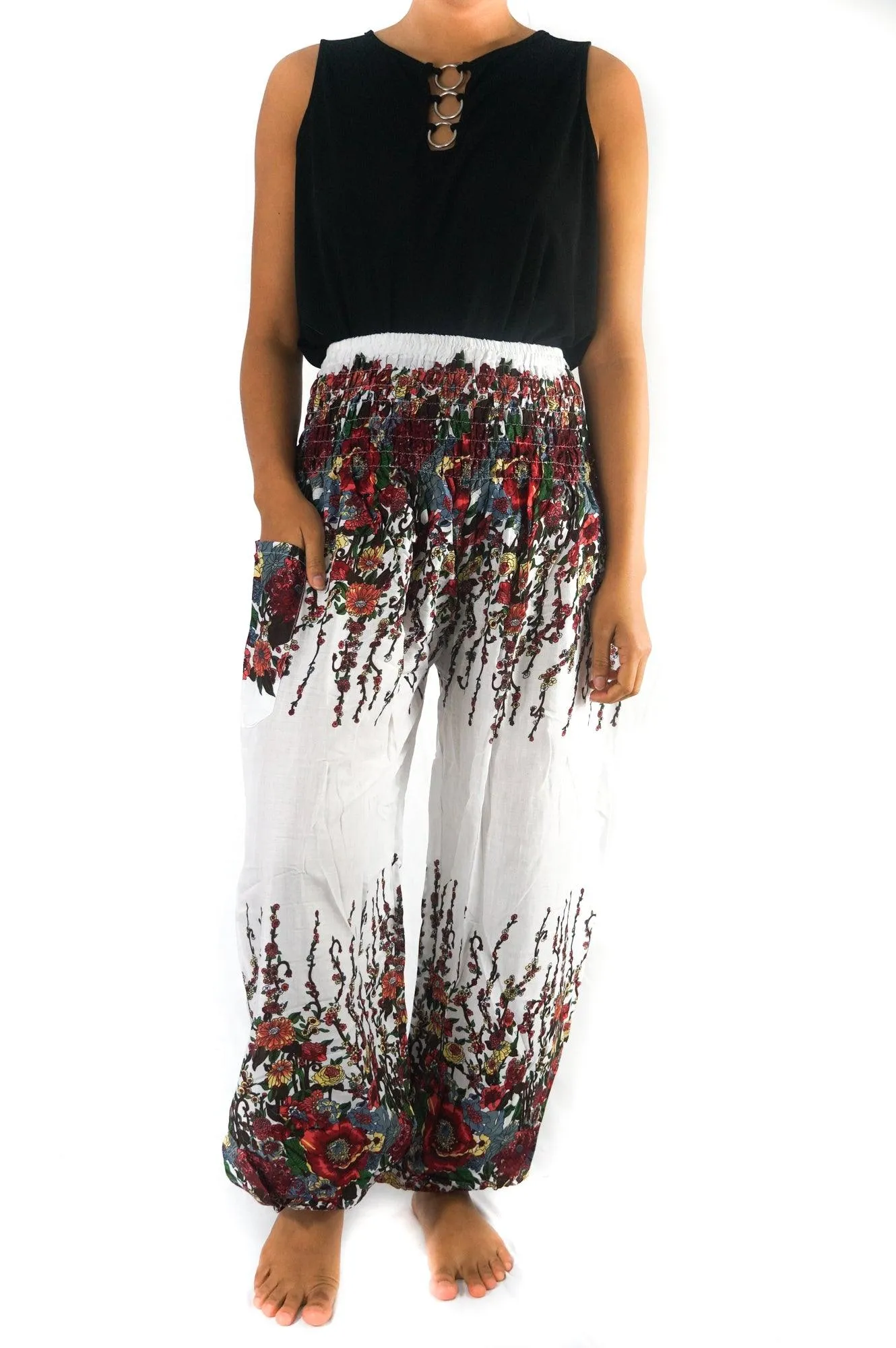 White FLORAL Women Boho Pants Hippie Pants Yoga Pants