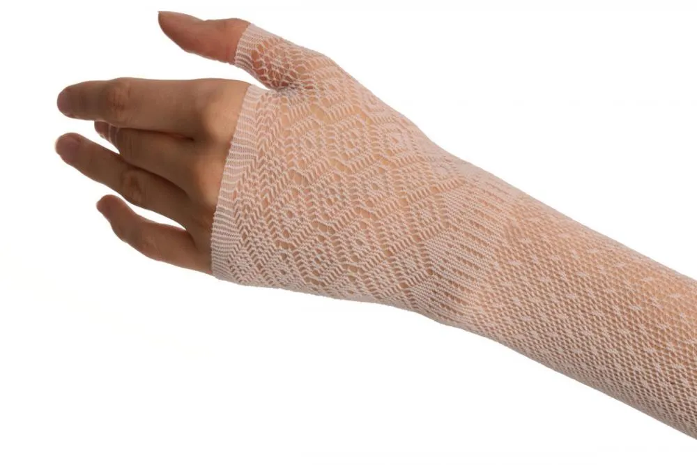 White Stretchy Crochet Lace Fingerless Evening Gloves