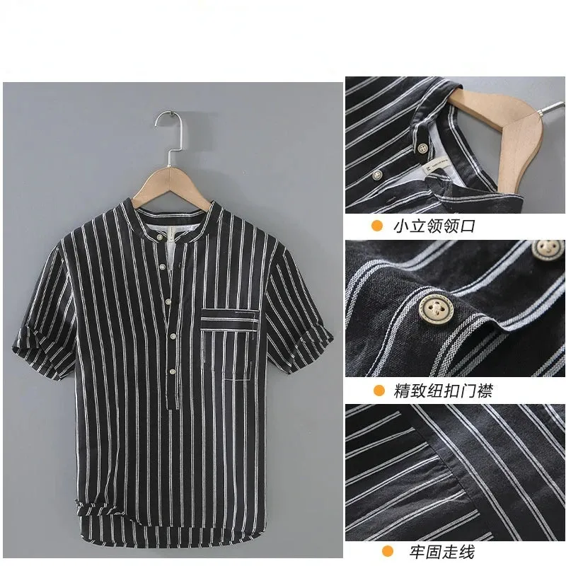 Wiaofellas  -  Men Clothing Summer Cotton Linen Men's Shirts Loose Youth Striped Daily Thin Short-sleeved Shirt Collar Button Pullover