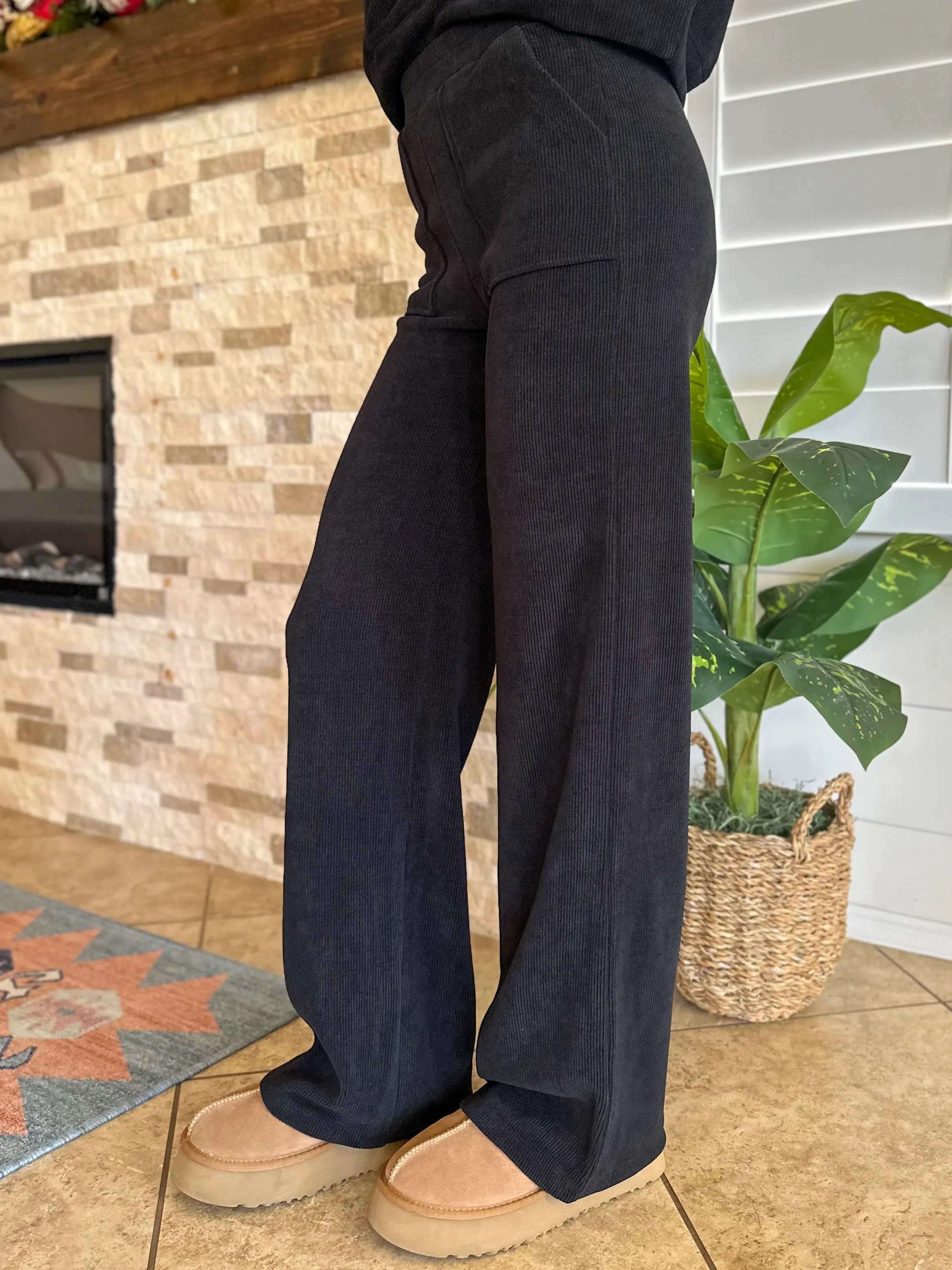 Wide Leg Corduroy Pants - Black