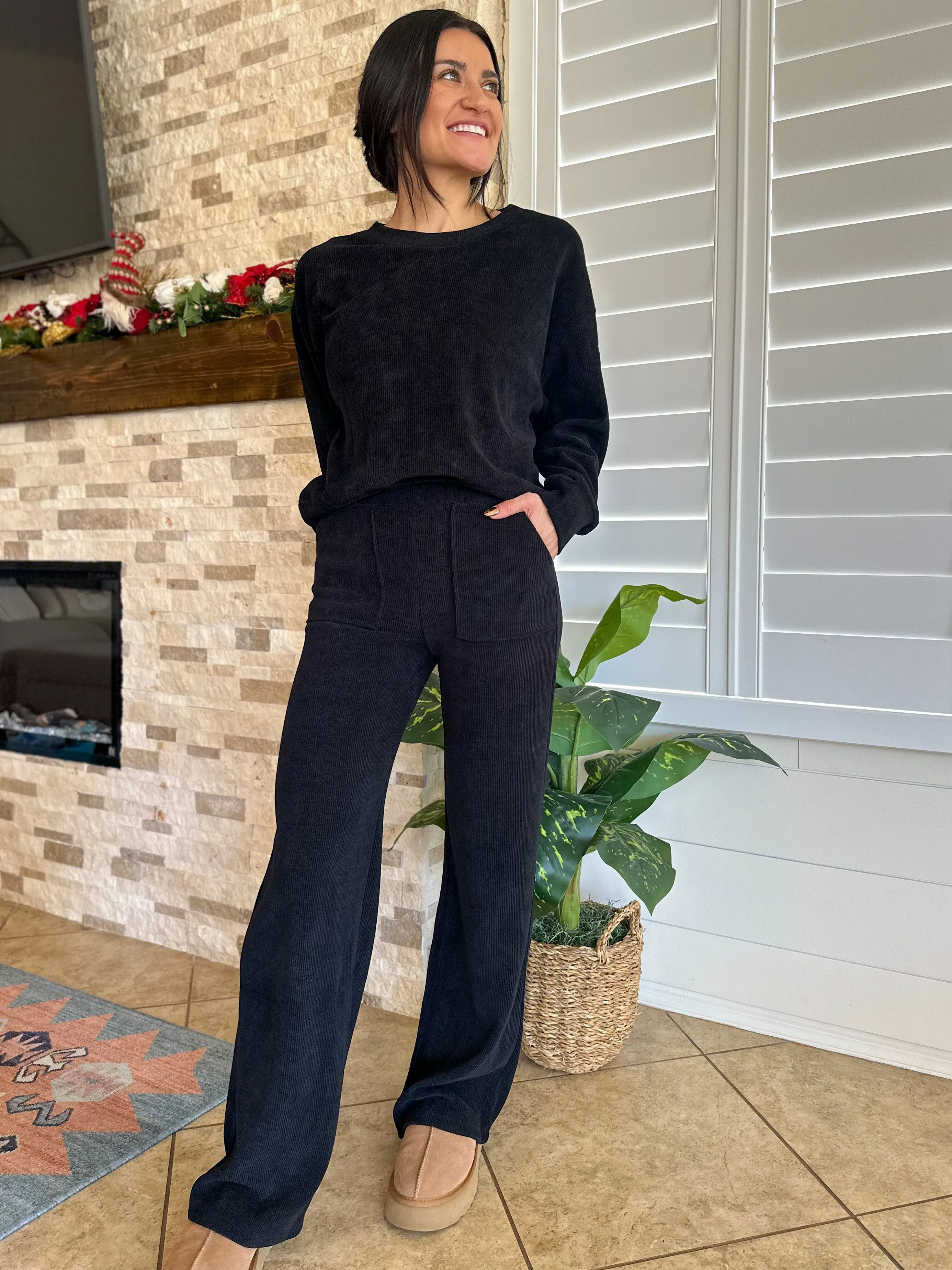 Wide Leg Corduroy Pants - Black