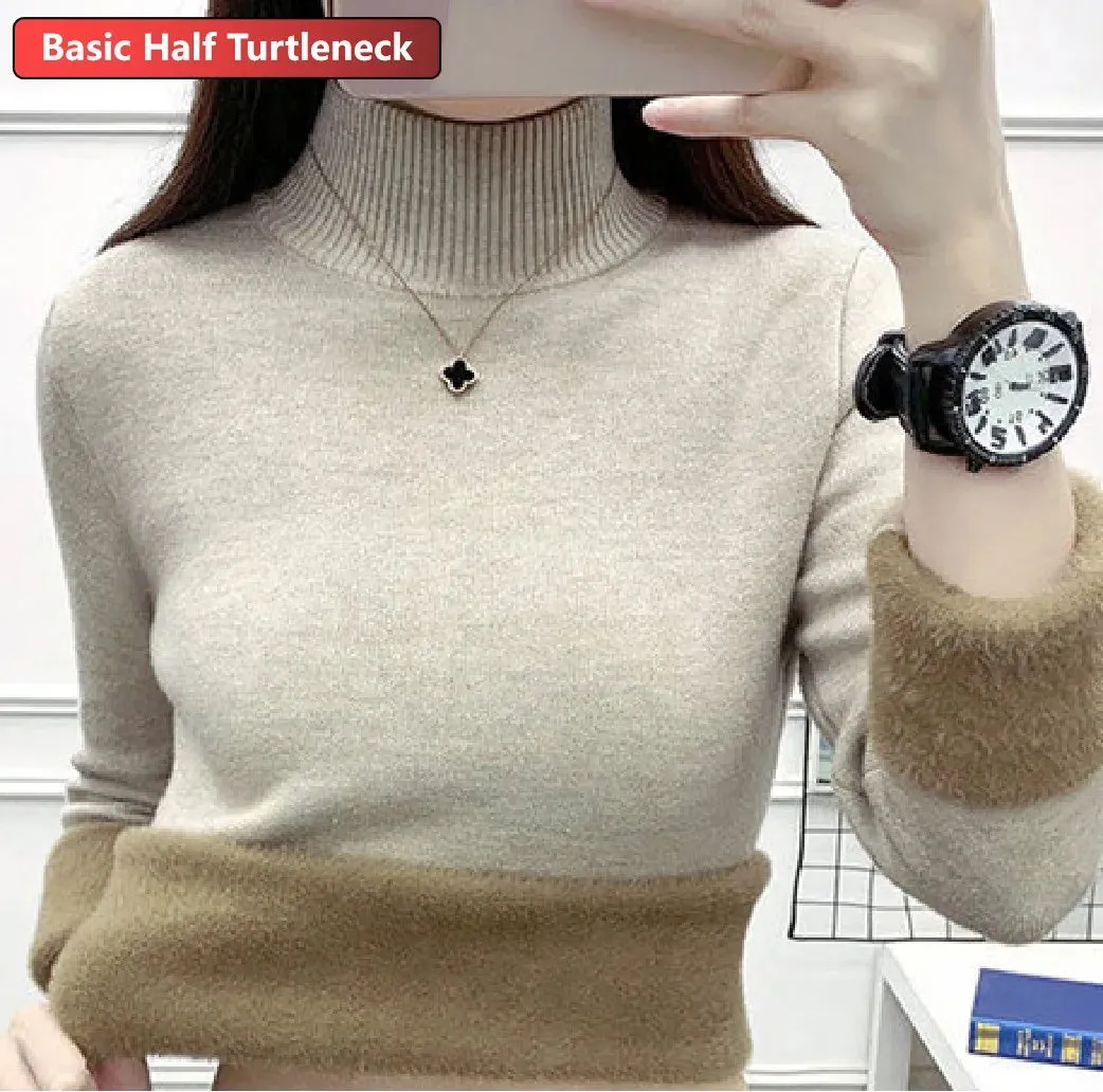 Winter Sweater Women Elegant Thicken Velvet Lined Warm Sweater Knitted Pullover Slim