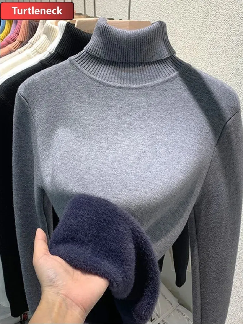 Winter Sweater Women Elegant Thicken Velvet Lined Warm Sweater Knitted Pullover Slim