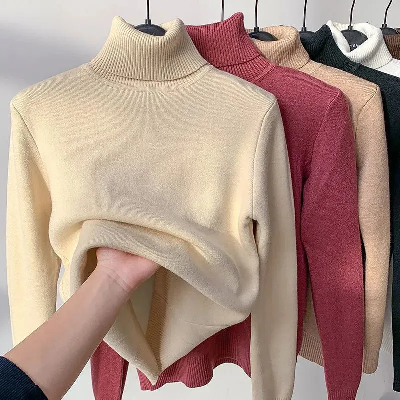 Winter Sweater Women Elegant Thicken Velvet Lined Warm Sweater Knitted Pullover Slim