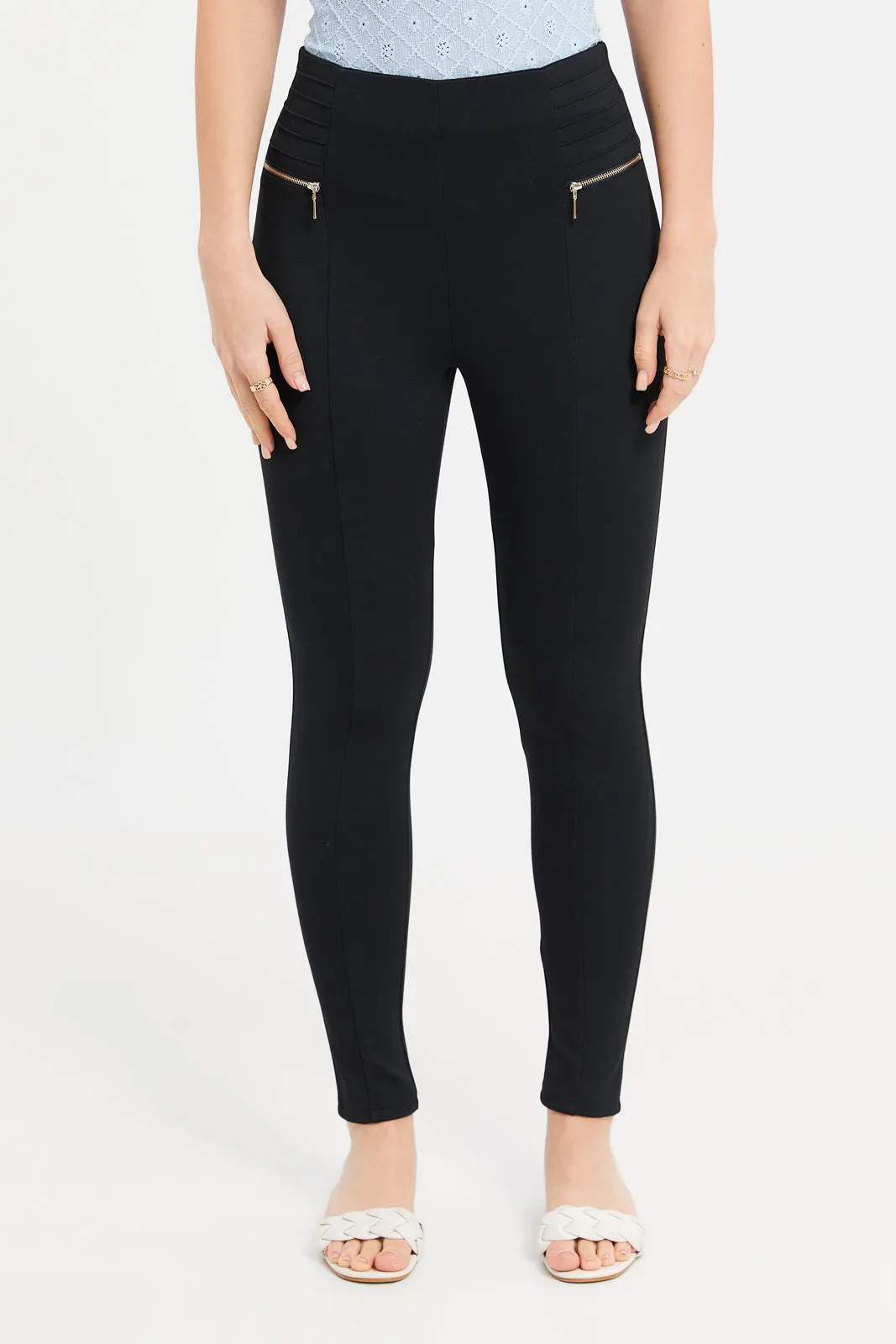 Women Black Side Zipper Leggings