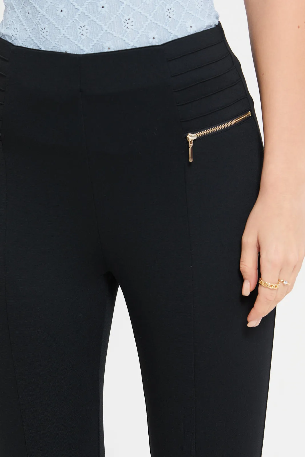 Women Black Side Zipper Leggings