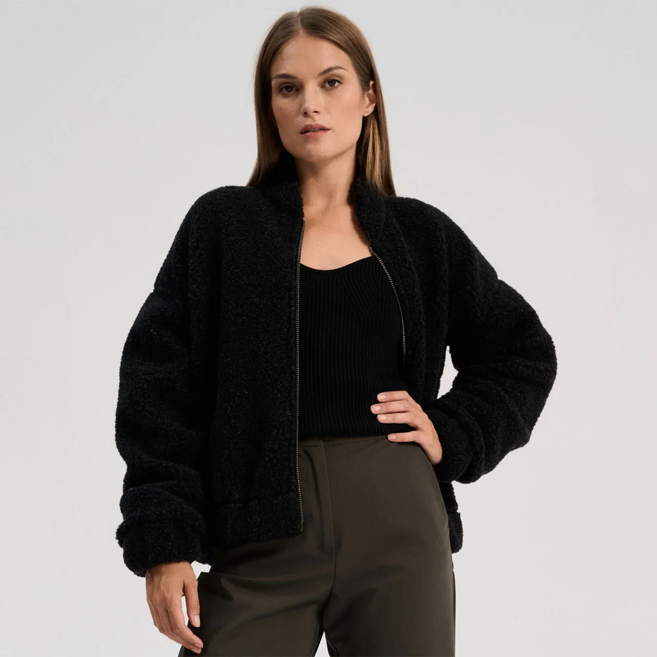 Women's Plush Bomber Jacket - 100% Wool - Black (XS-L) *Returning 2025