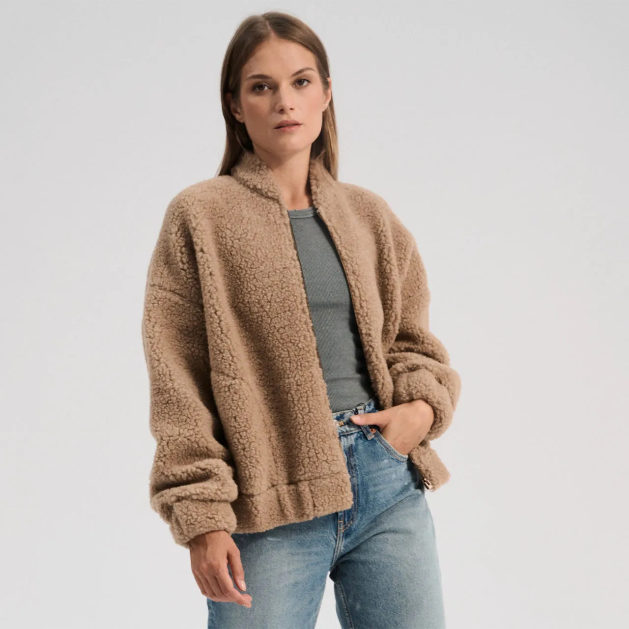 Women's Plush Bomber Jacket - 100% Wool - Tan (XS-L) *Returning 2025