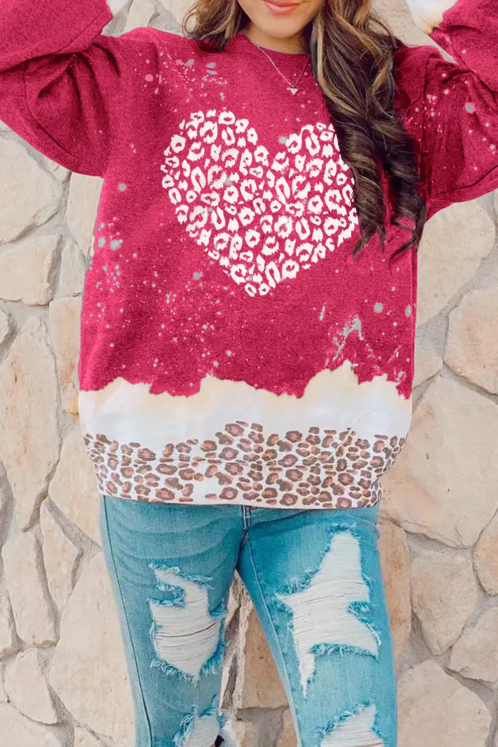 Womens Valentines Day Shirt Leopard Bleached Heart Pullover Sweatshirt