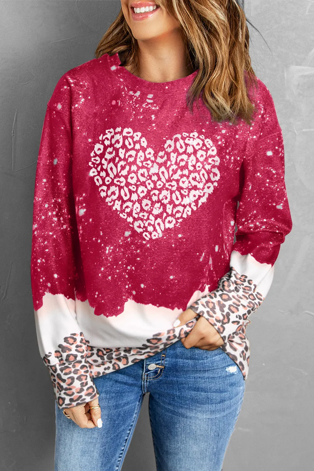 Womens Valentines Day Shirt Leopard Bleached Heart Pullover Sweatshirt