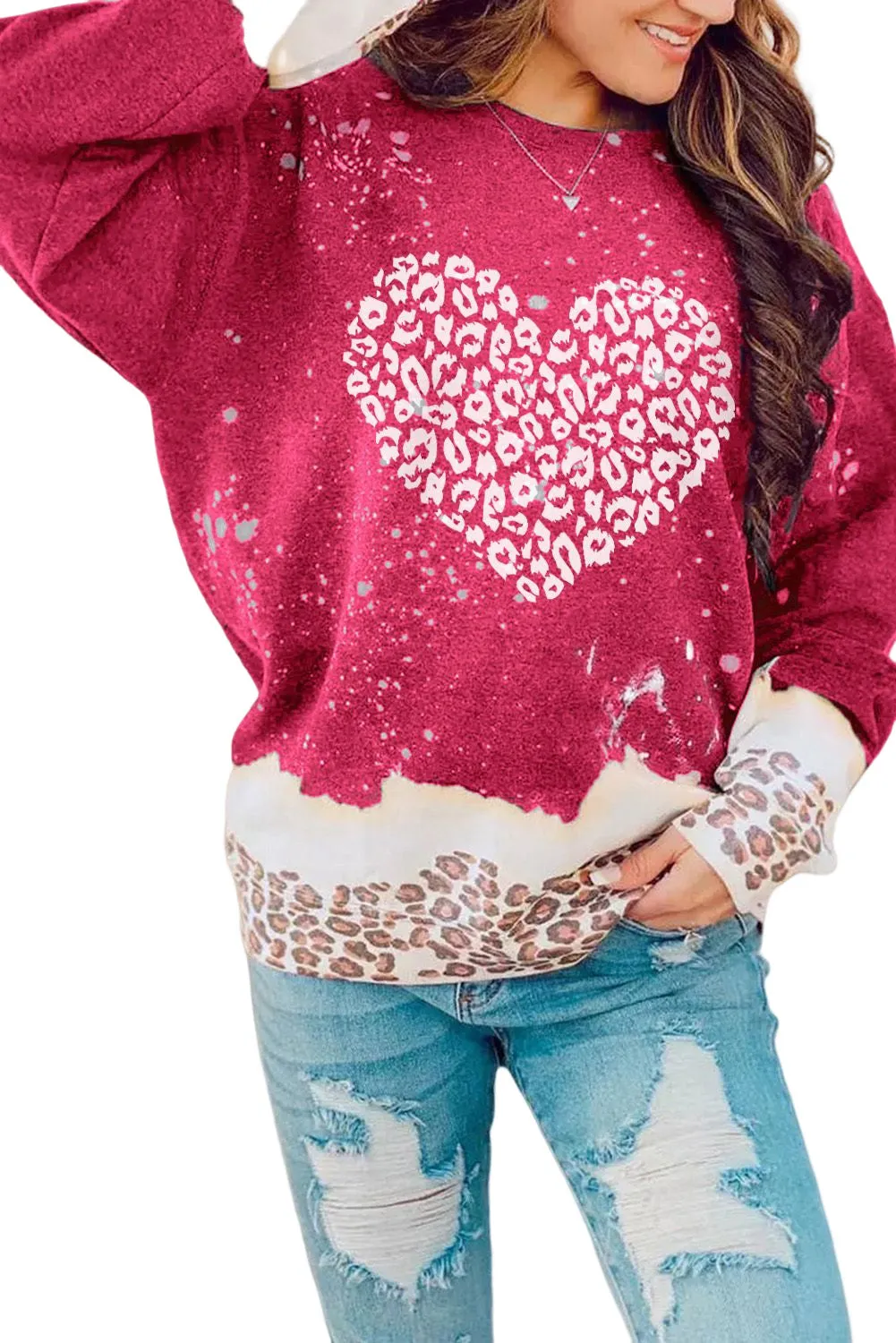 Womens Valentines Day Shirt Leopard Bleached Heart Pullover Sweatshirt