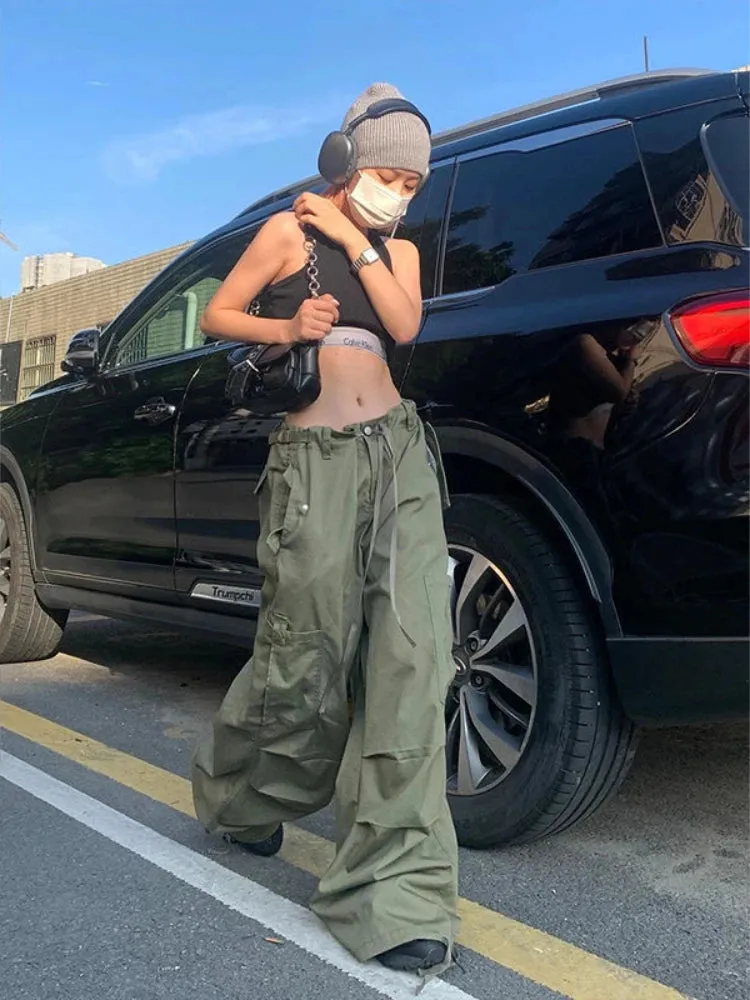 YESMYTOOL  -   Green Women Cargo Pants Parachute Oversize Straight Leg Trousers Low Waist Sweatpants Casual Drawstring Side Pocket Alt