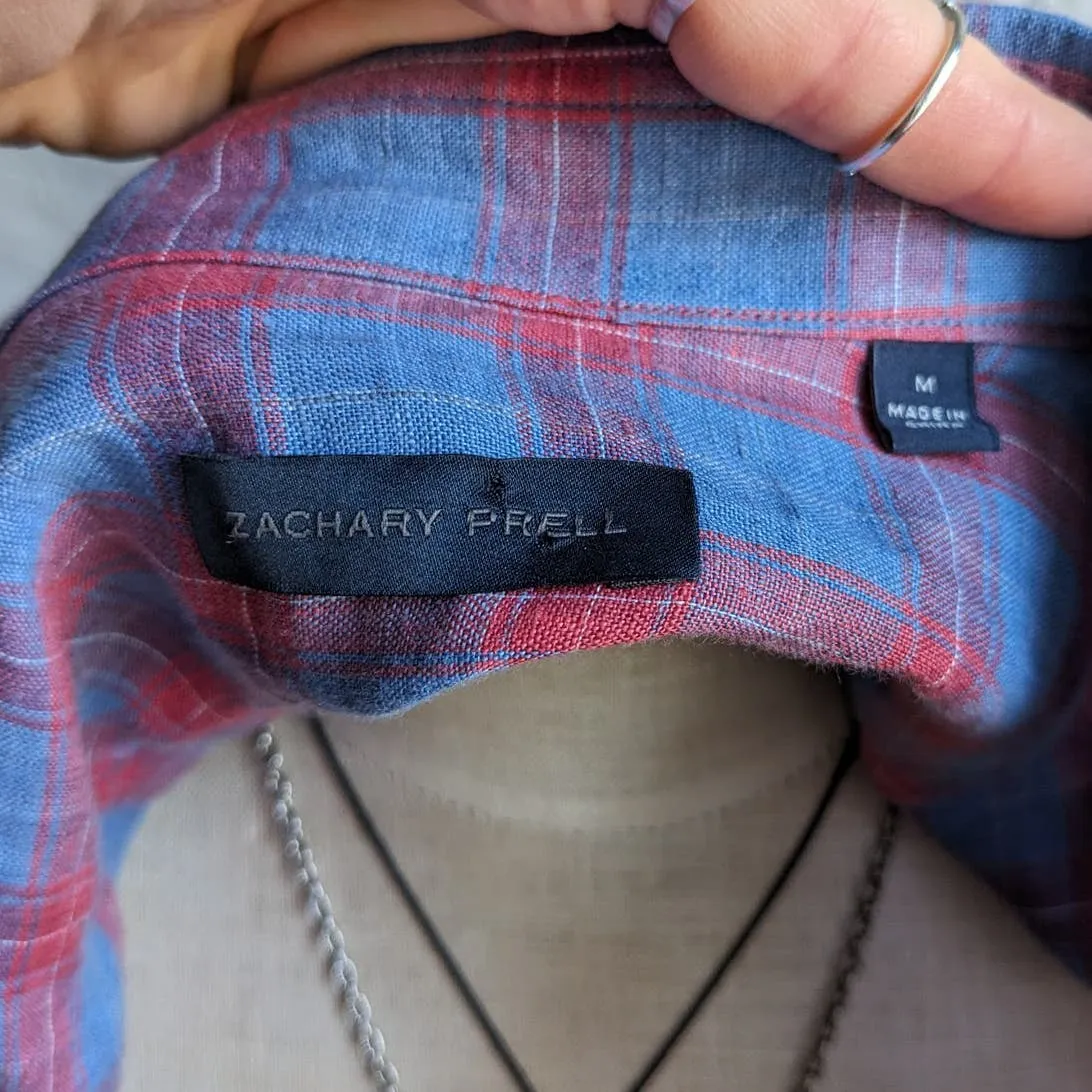 Zachary Prell Linen Plaid Button Down Grunge Red Blue Boyfriend Minimalist Top